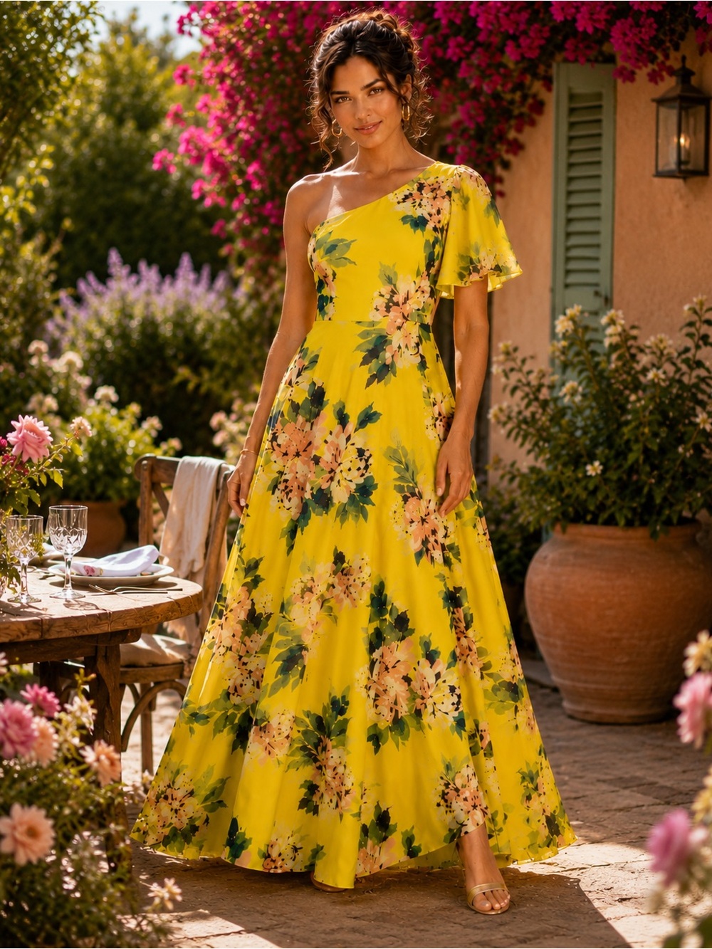 Eliza J Floral Yellow One-Shoulder Maxi Dress Size 2 Wedding Guest Garden Party